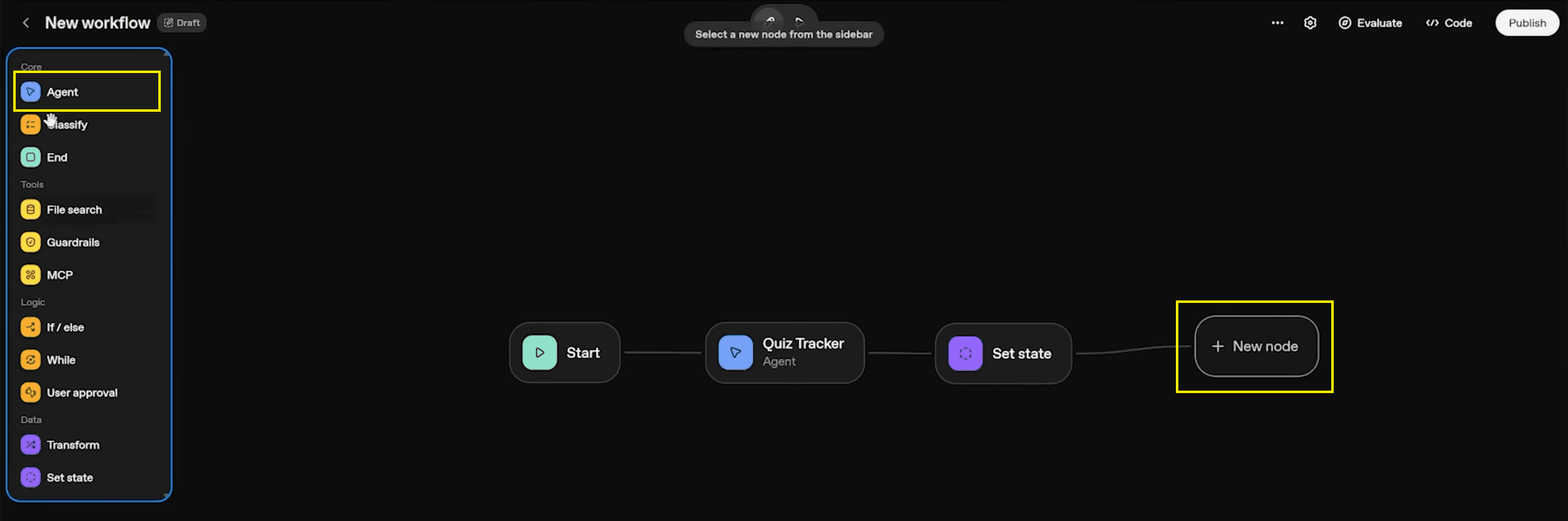 12. new node - agent - name quiz bot