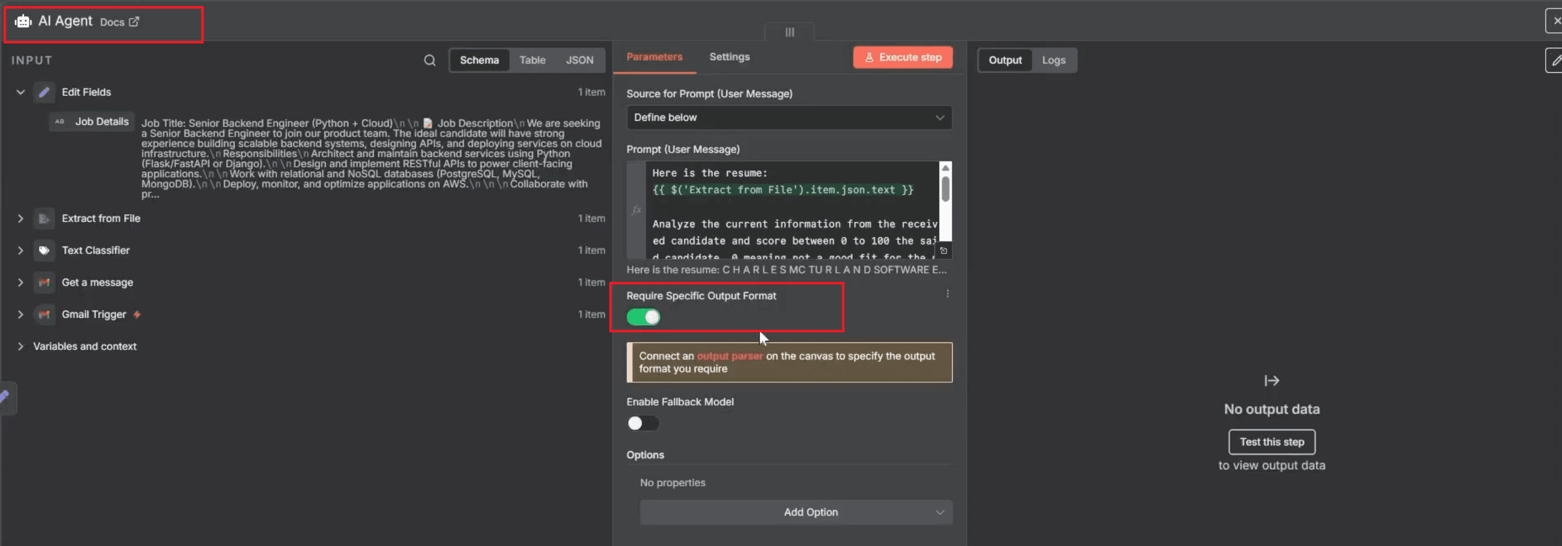 ai agent - require specific output parser